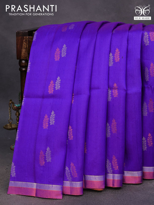 Pure raw silk saree blue and dark mustard with silver & copper zari woven buttas and zari woven border