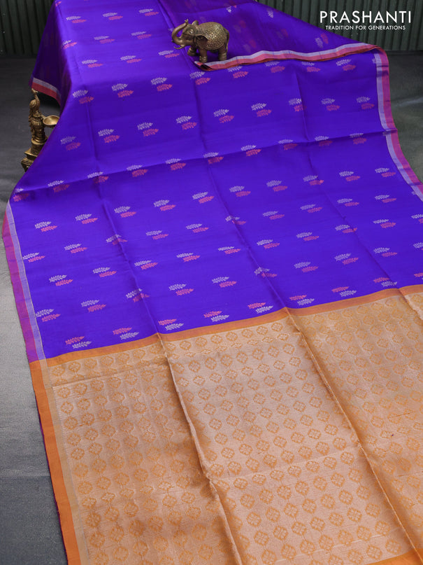 Pure raw silk saree blue and dark mustard with silver & copper zari woven buttas and zari woven border