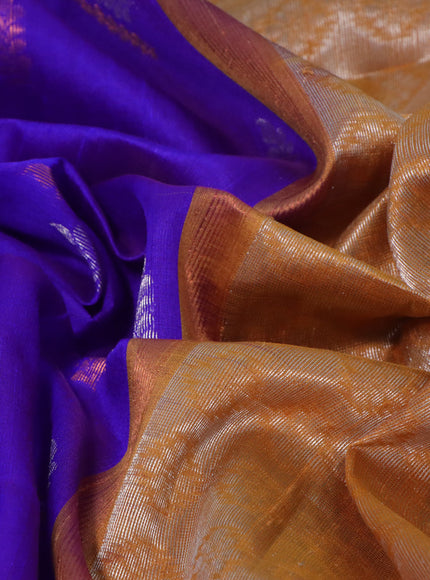 Pure raw silk saree blue and dark mustard with silver & copper zari woven buttas and zari woven border