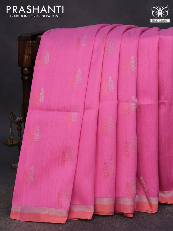 Pure raw silk saree light pink and dark mustard with silver & copper zari woven buttas and zari woven border