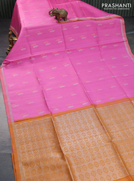 Pure raw silk saree light pink and dark mustard with silver & copper zari woven buttas and zari woven border