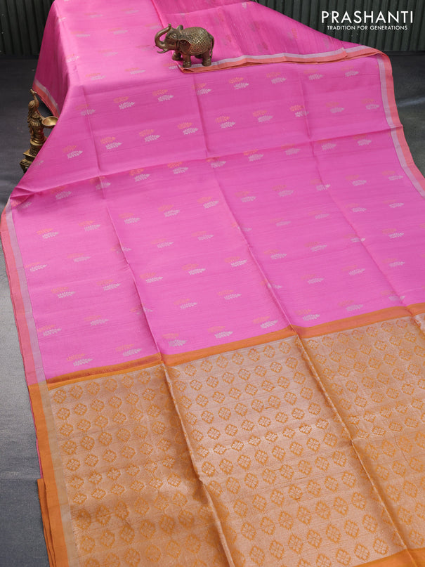 Pure raw silk saree light pink and dark mustard with silver & copper zari woven buttas and zari woven border