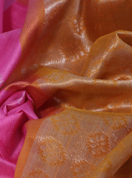 Pure raw silk saree light pink and dark mustard with silver & copper zari woven buttas and zari woven border