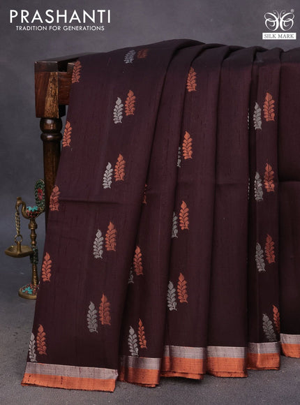 Pure raw silk saree deep maroon and dark mustard with silver & copper zari woven buttas and zari woven border