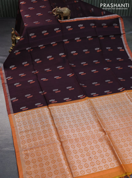 Pure raw silk saree deep maroon and dark mustard with silver & copper zari woven buttas and zari woven border