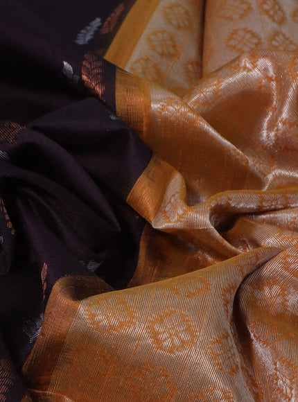 Pure raw silk saree deep maroon and dark mustard with silver & copper zari woven buttas and zari woven border