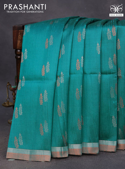 Pure raw silk saree teal green and dark mustard with silver & copper zari woven buttas and zari woven border