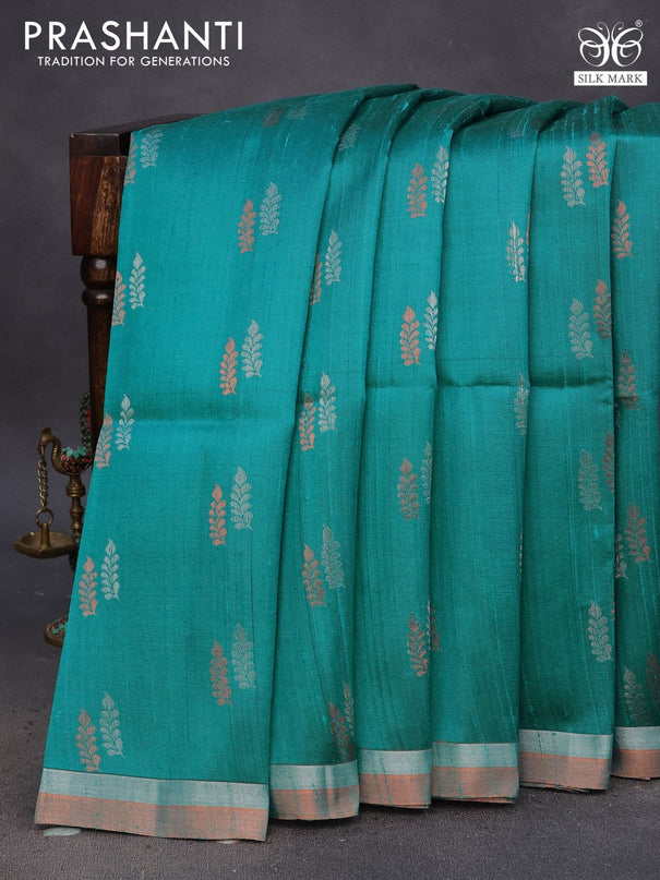 Pure raw silk saree teal green and dark mustard with silver & copper zari woven buttas and zari woven border