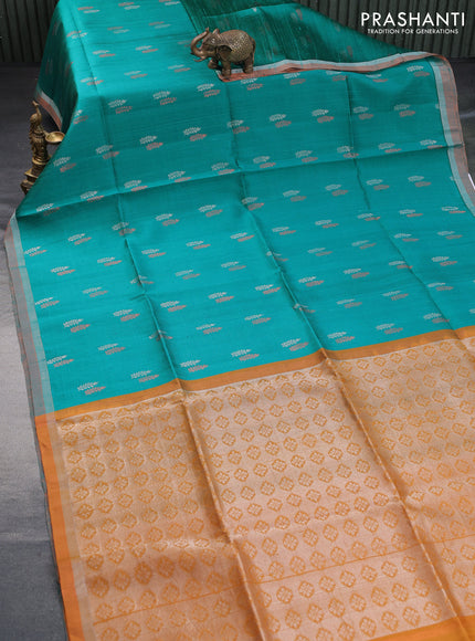 Pure raw silk saree teal green and dark mustard with silver & copper zari woven buttas and zari woven border