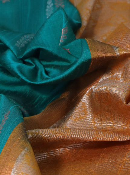 Pure raw silk saree teal green and dark mustard with silver & copper zari woven buttas and zari woven border