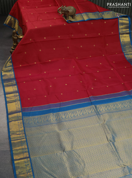 Pure kanchipuram silk saree red and peacock blue with zari woven buttas and zari woven korvai border