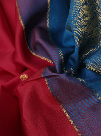 Pure kanchipuram silk saree red and peacock blue with zari woven buttas and zari woven korvai border