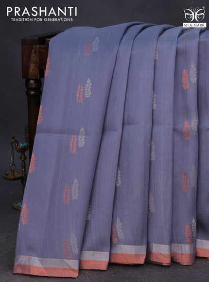 Pure raw silk saree grey and pink with silver & copper zari woven buttas and zari woven border