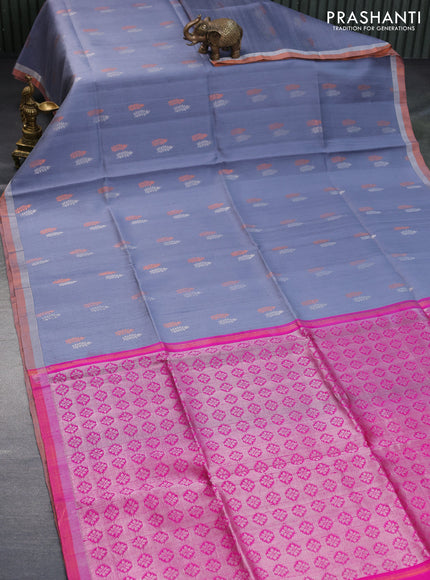 Pure raw silk saree grey and pink with silver & copper zari woven buttas and zari woven border