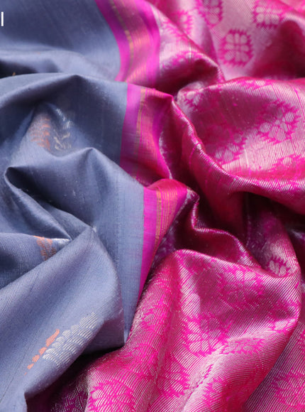 Pure raw silk saree grey and pink with silver & copper zari woven buttas and zari woven border