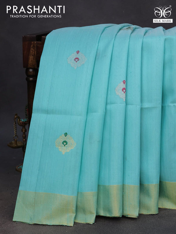 Pure raw silk saree light blue and pink with silver & gold zari woven buttas and zari woven border