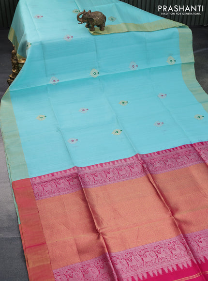 Pure raw silk saree light blue and pink with silver & gold zari woven buttas and zari woven border