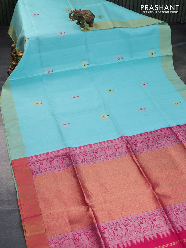 Pure raw silk saree light blue and pink with silver & gold zari woven buttas and zari woven border