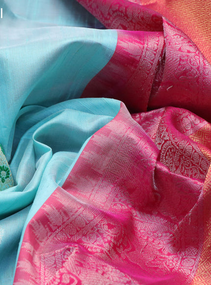 Pure raw silk saree light blue and pink with silver & gold zari woven buttas and zari woven border