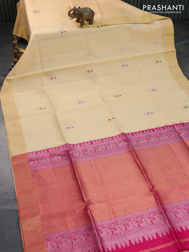 Pure raw silk saree sandal and pink with silver & gold zari woven buttas and zari woven border