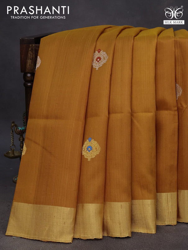 Pure raw silk saree cs blue and mustard yellow with silver & gold zari woven buttas and zari woven border