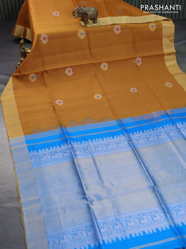 Pure raw silk saree cs blue and mustard yellow with silver & gold zari woven buttas and zari woven border