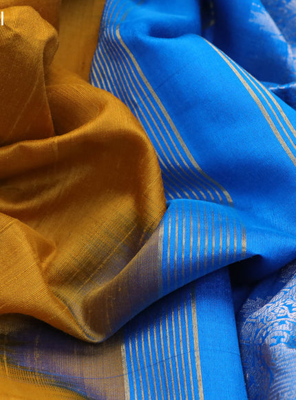 Pure raw silk saree cs blue and mustard yellow with silver & gold zari woven buttas and zari woven border