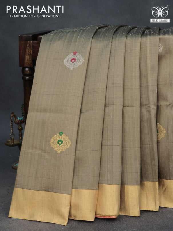 Pure raw silk saree dark beige and pink with silver & gold zari woven buttas and zari woven border