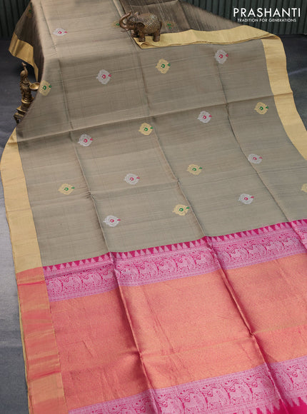 Pure raw silk saree dark beige and pink with silver & gold zari woven buttas and zari woven border