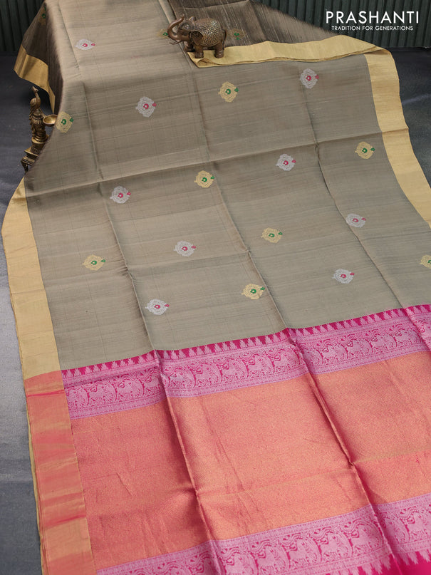 Pure raw silk saree dark beige and pink with silver & gold zari woven buttas and zari woven border