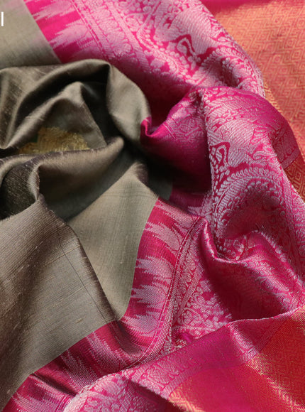 Pure raw silk saree dark beige and pink with silver & gold zari woven buttas and zari woven border