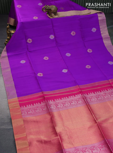 Pure raw silk saree purple and pink with silver & gold zari woven buttas and zari woven border