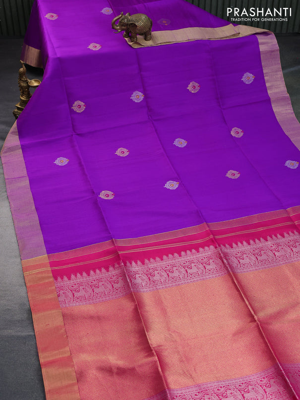 Pure raw silk saree purple and pink with silver & gold zari woven buttas and zari woven border