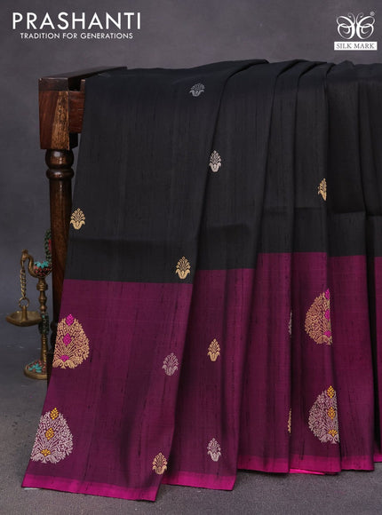 Pure raw silk saree black and purple with silver & gold zari woven buttas and long zari woven butta border