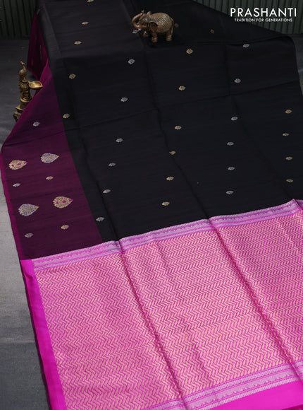 Pure raw silk saree black and purple with silver & gold zari woven buttas and long zari woven butta border