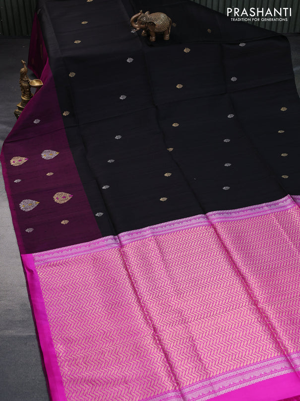 Pure raw silk saree black and purple with silver & gold zari woven buttas and long zari woven butta border