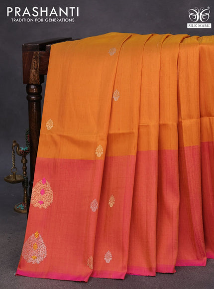 Pure raw silk saree mustard yellow and dual shade of pinkish mustard with silver & gold zari woven buttas and long zari woven butta border