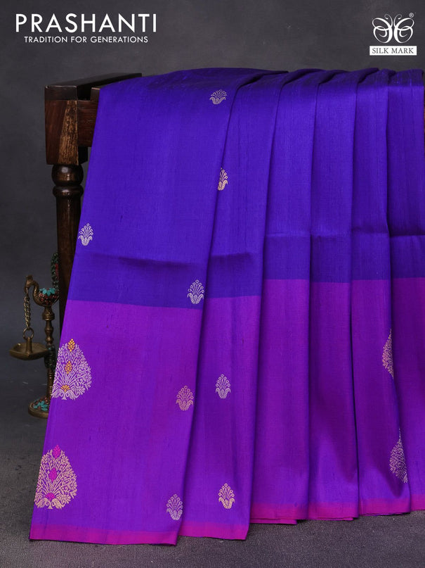 Pure raw silk saree blue and purple with silver & gold zari woven buttas and long zari woven butta border