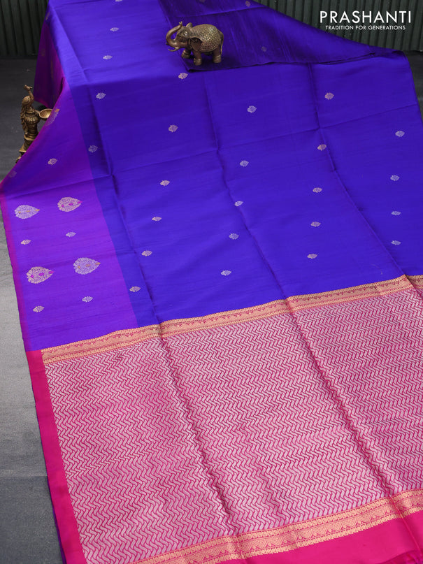 Pure raw silk saree blue and purple with silver & gold zari woven buttas and long zari woven butta border