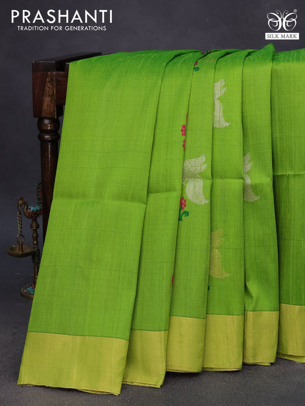 Pure raw silk saree parrot green and magenta pink with thread & zari woven buttas and zari woven border