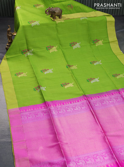 Pure raw silk saree parrot green and magenta pink with thread & zari woven buttas and zari woven border