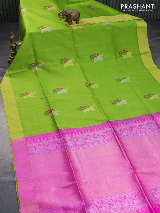 Pure raw silk saree parrot green and magenta pink with thread & zari woven buttas and zari woven border