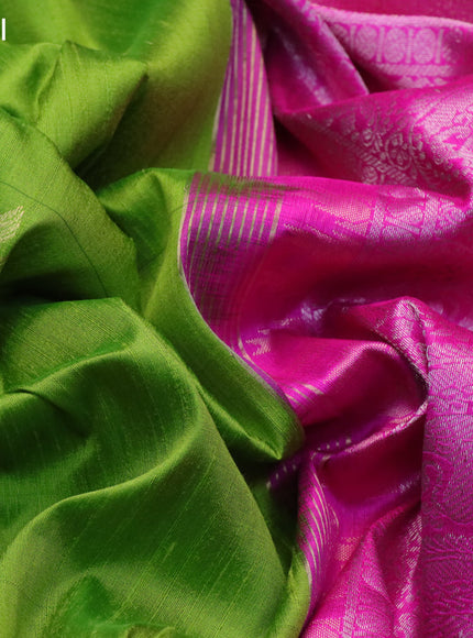 Pure raw silk saree parrot green and magenta pink with thread & zari woven buttas and zari woven border