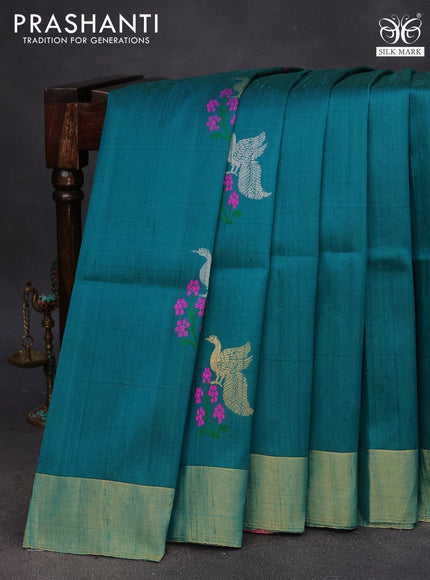 Pure raw silk saree peacock green and pink with thread & zari woven buttas and zari woven border