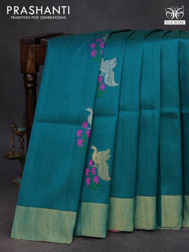 Pure raw silk saree peacock green and pink with thread & zari woven buttas and zari woven border