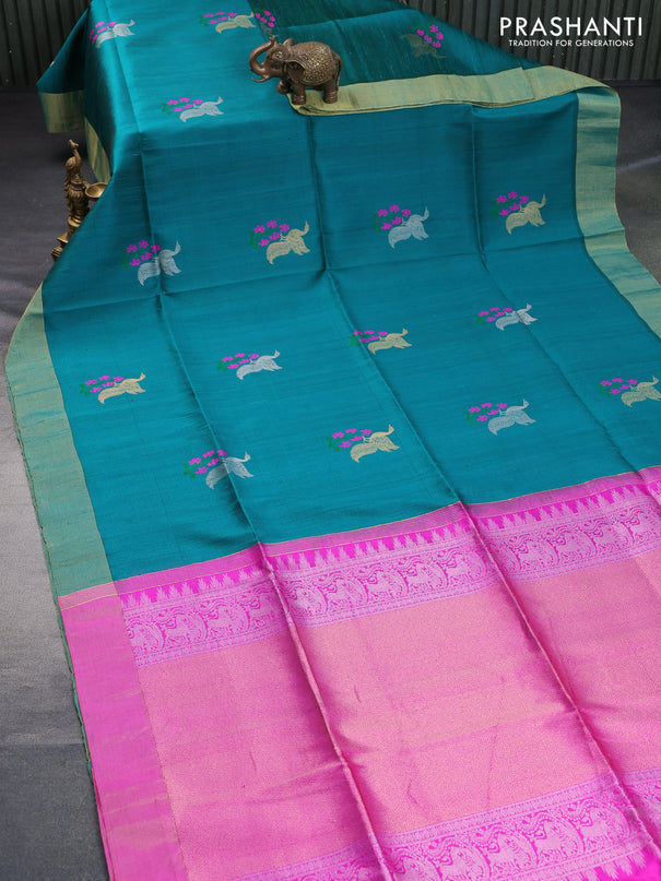 Pure raw silk saree peacock green and pink with thread & zari woven buttas and zari woven border