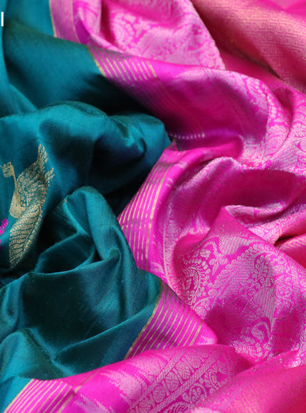 Pure raw silk saree peacock green and pink with thread & zari woven buttas and zari woven border