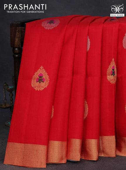 Pure raw silk saree red and cs blue with zari woven buttas and zari woven border