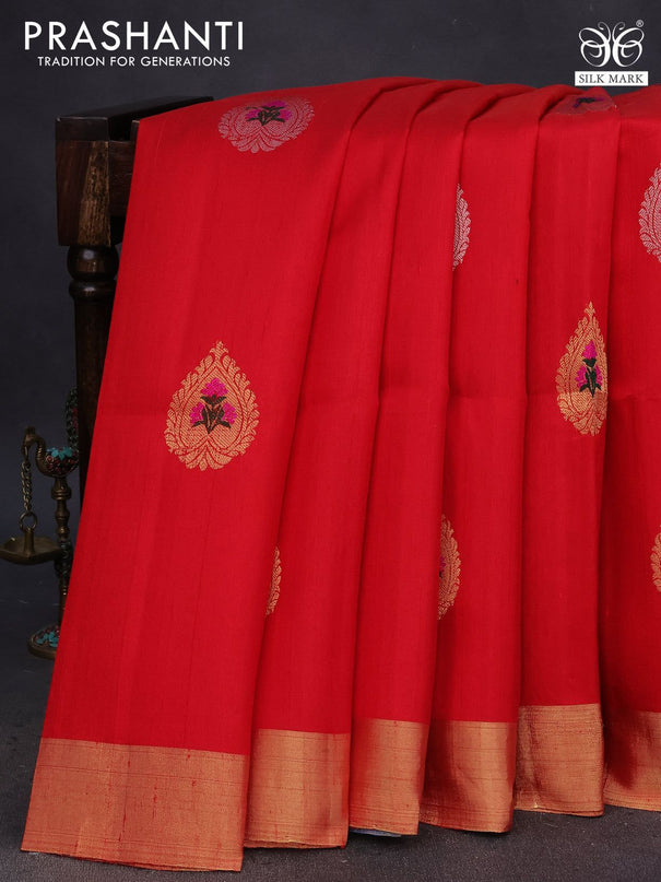 Pure raw silk saree red and cs blue with zari woven buttas and zari woven border