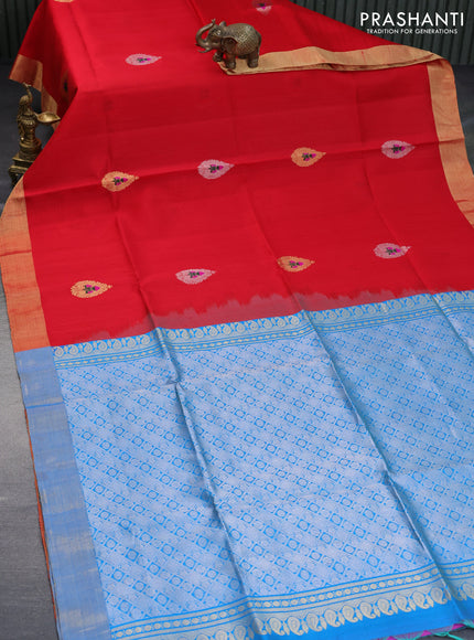 Pure raw silk saree red and cs blue with zari woven buttas and zari woven border